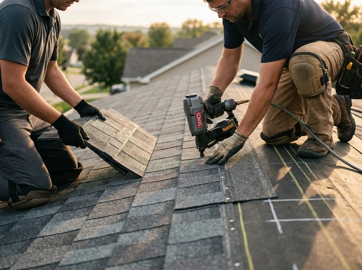 Professional roofer working on a residential roof in Penn Forest